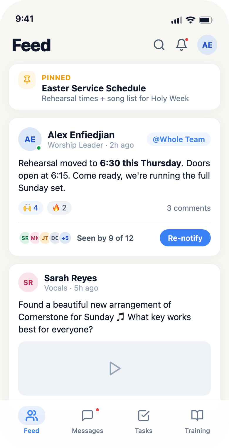 Worship OS team feed with a pinned announcement and read receipts