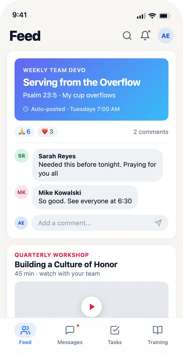 A weekly team devotional auto-posted to the Worship OS feed with team comments