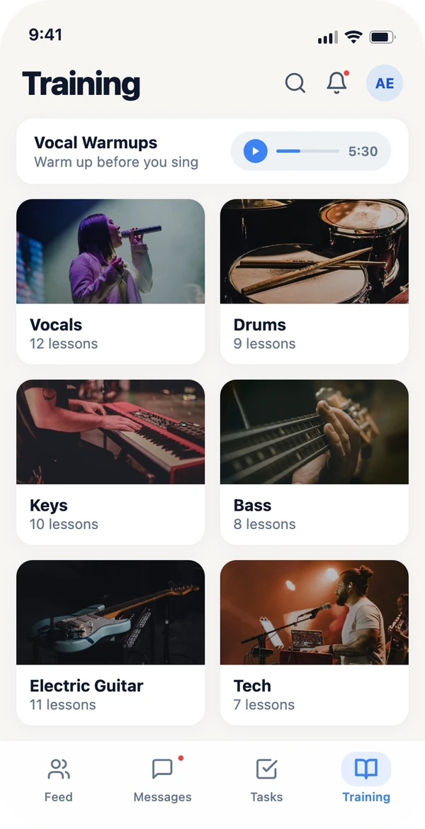 The Worship OS training library: video tracks for vocals, drums, keys, bass, and tech