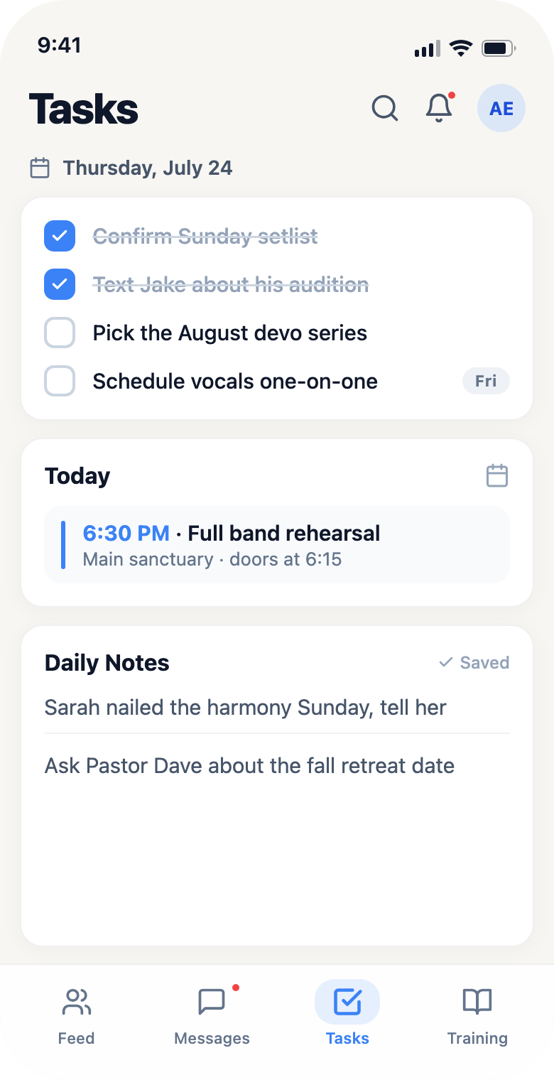 The Worship OS planner: today's ministry tasks, calendar, and daily notes